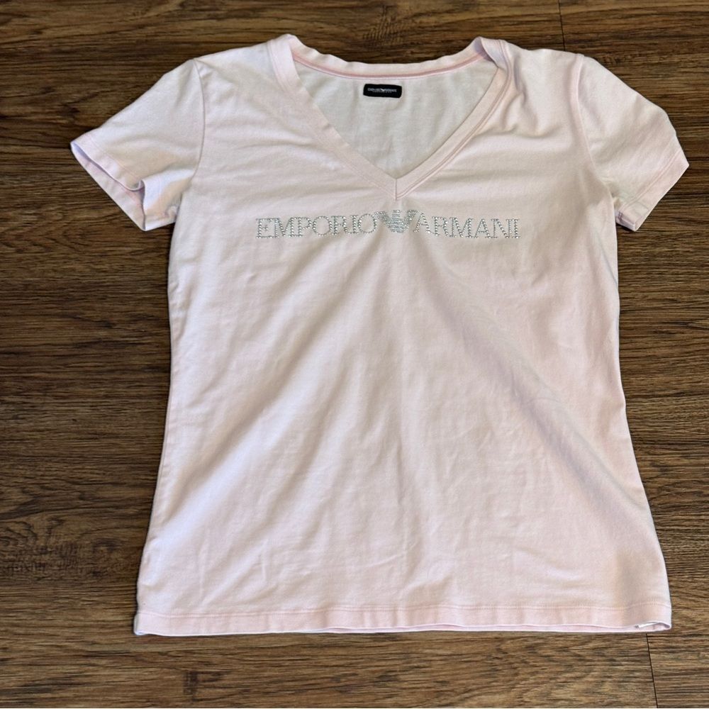 Emporio Armani Pink V-Neck Fitted Short Sleeve Top Silver Bling Letters Size XL